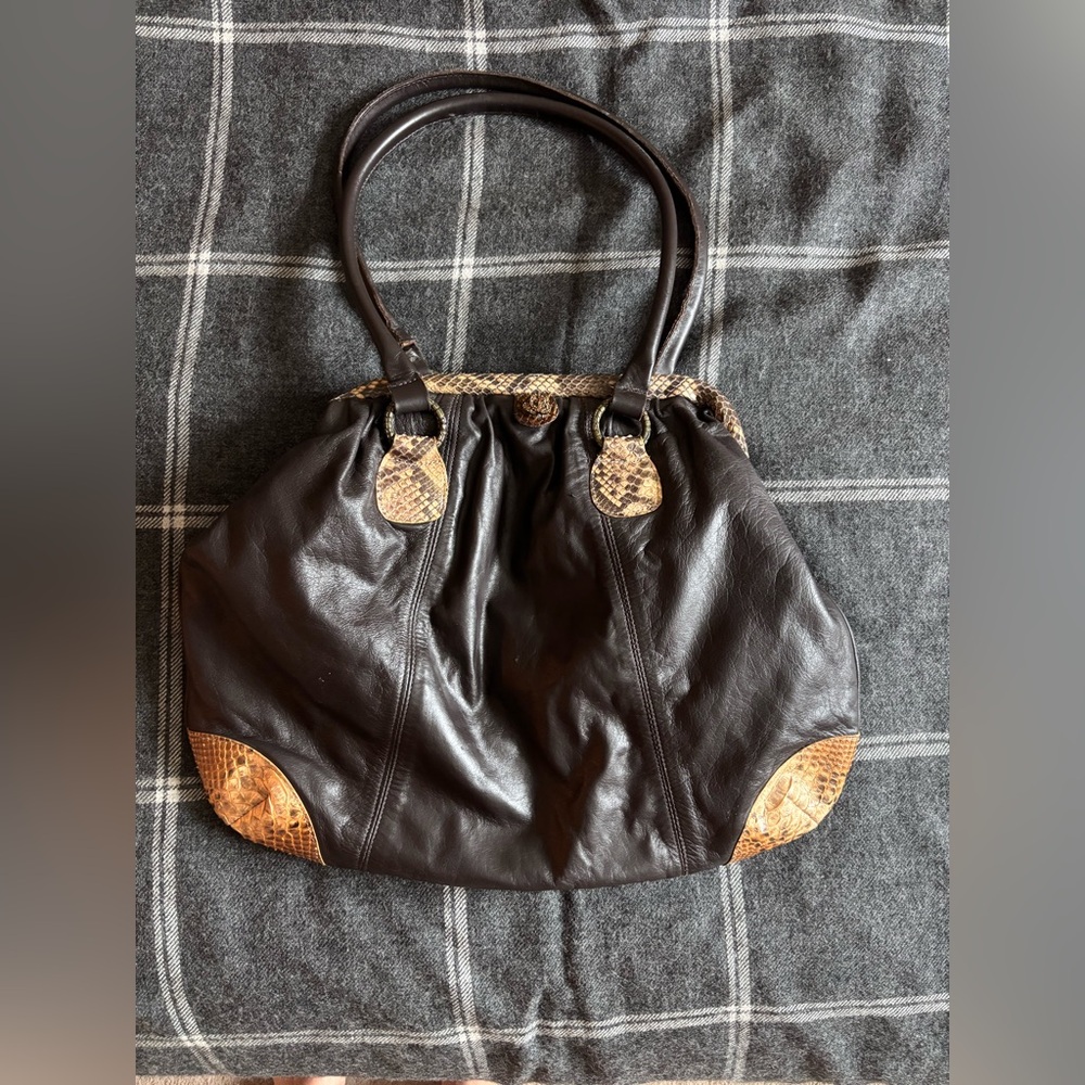 Clara Kasavina Handmade Chocolate Brown Leather Python Snake Skin Bag